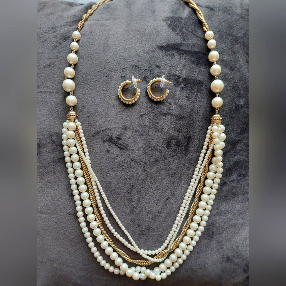 CAROLEE 36" multi strand pearl/gold tone necklace and coordinating earrings